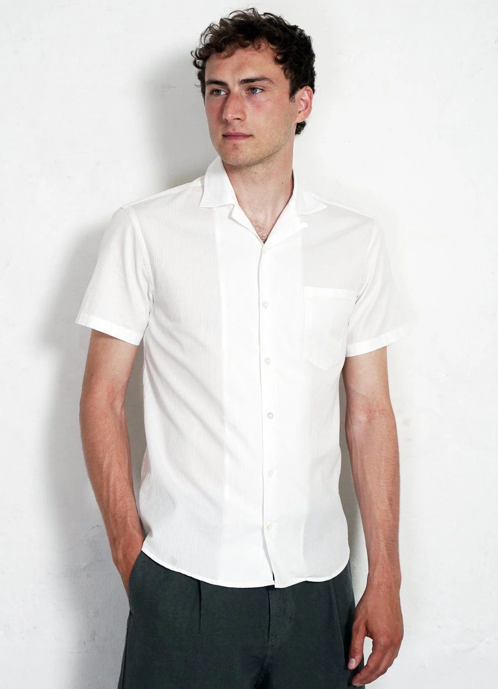 JONNY | Short Sleeve Herringbone Shirt | White White - Image 3