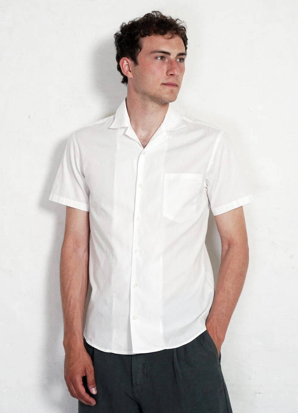 JONNY | Short Sleeve Herringbone Shirt | White White - Image 4
