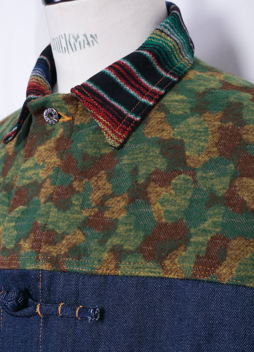 TRIPLE FABRIC JACKET | Asian Knot Denim Jacket | Jacquard Camo/Wool Flannel Sarape/Indigo Denim - Image 5